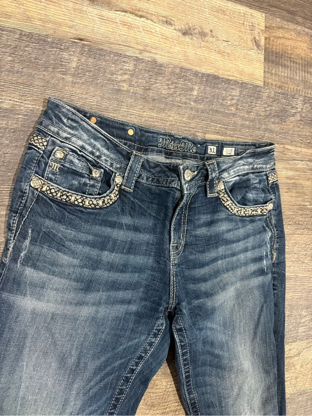 Moussy Dark Blue Embellished Back-Pocket Bootcut Jeans